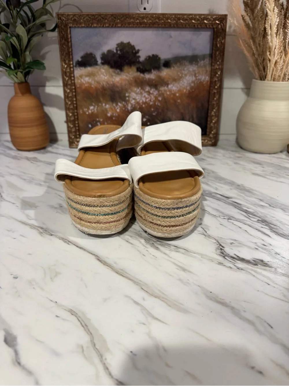 Gianni Bini White Espadrille Platform Slide Sandals with Multicolor Stripe Sole